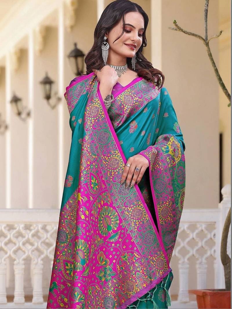 Teal woven design zari art silk saree