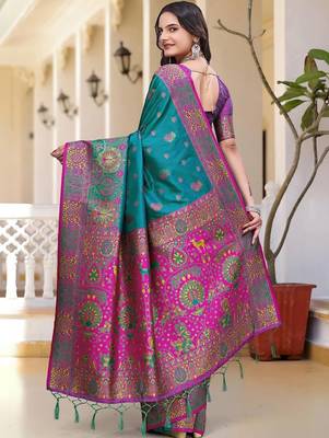 Teal woven design zari art silk saree 4