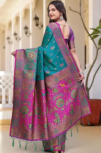 Teal woven design zari art silk saree