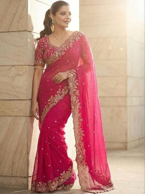 Pink floral embroidered satin fusion saree 1
