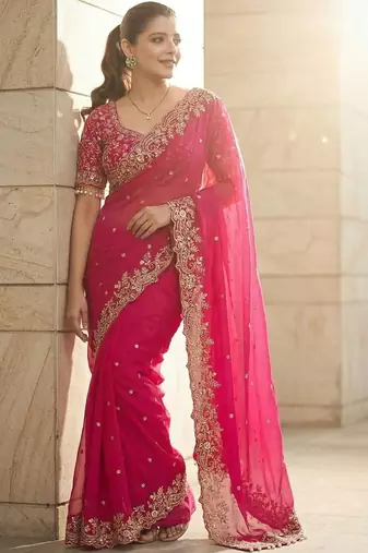Pink floral embroidered satin fusion saree