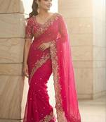 Pink floral embroidered satin fusion saree