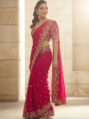 Pink floral embroidered satin fusion saree 2