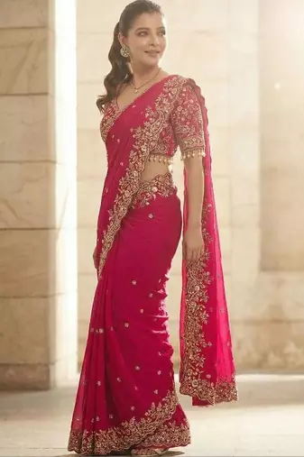Pink floral embroidered satin fusion saree