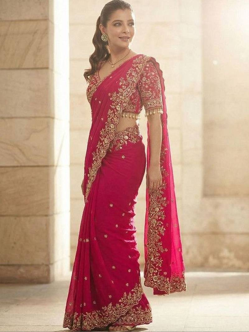 Pink floral embroidered satin fusion saree