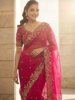 Pink floral embroidered satin fusion saree 3