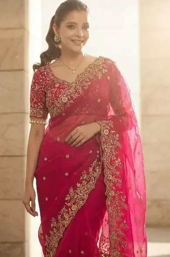 Pink floral embroidered satin fusion saree