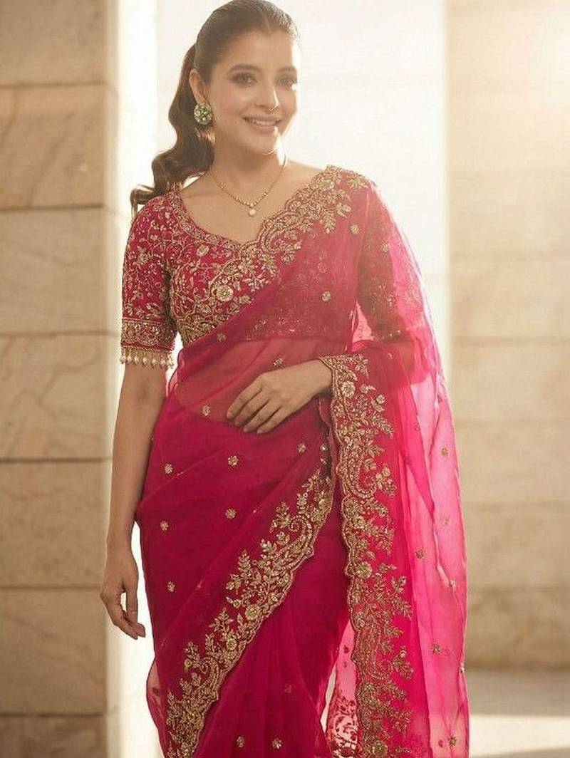 Pink floral embroidered satin fusion saree