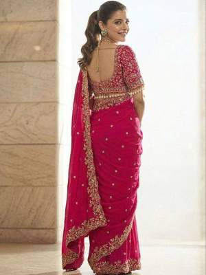 Pink floral embroidered satin fusion saree 4