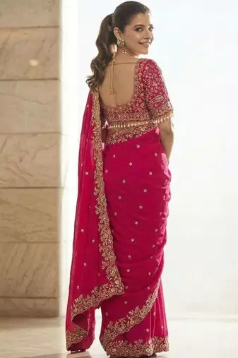 Pink floral embroidered satin fusion saree