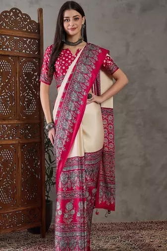 Red ethnic motifs silk blend designer saree