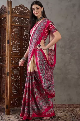 Red ethnic motifs silk blend designer saree