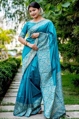 Blue kalamkari woven design saree with unstitched blouse piece