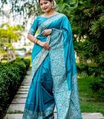 Blue kalamkari woven design saree with unstitched blouse piece