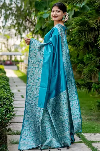 Blue kalamkari woven design saree with unstitched blouse piece