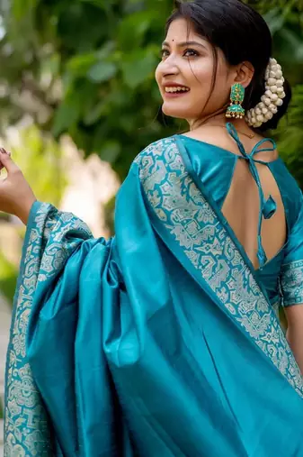 Blue kalamkari woven design saree with unstitched blouse piece