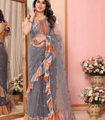 Grey embellished mirror work ruffle net saree