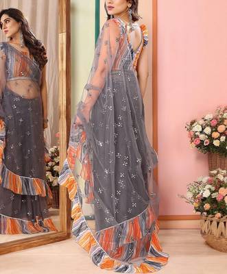 Grey embellished mirror work ruffle net saree 2