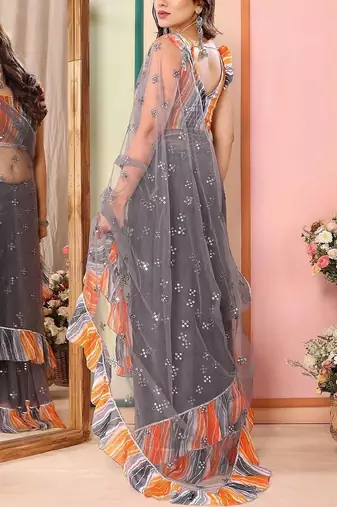 Grey embellished mirror work ruffle net saree