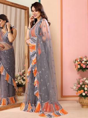 Grey embellished mirror work ruffle net saree 3