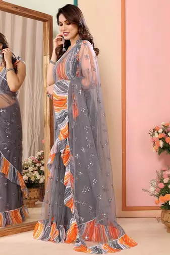 Grey embellished mirror work ruffle net saree