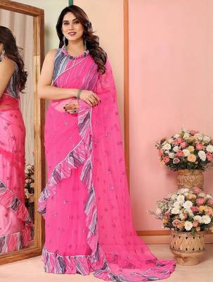 Pink embellished mirror work net saree 1
