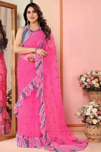 Pink embellished mirror work net saree