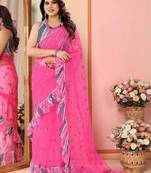 Pink embellished mirror work net saree