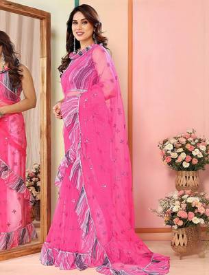 Pink embellished mirror work net saree 2
