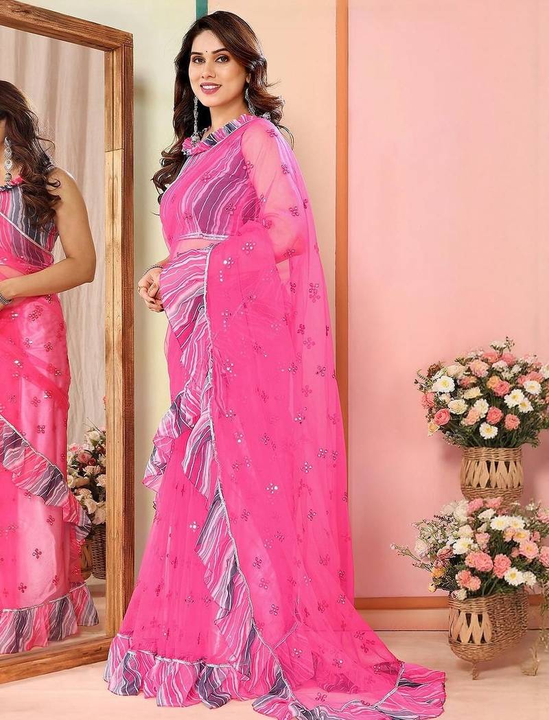 Pink embellished mirror work net saree