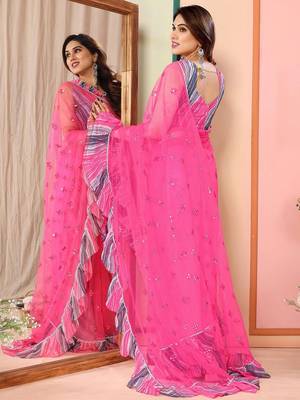 Pink embellished mirror work net saree 3