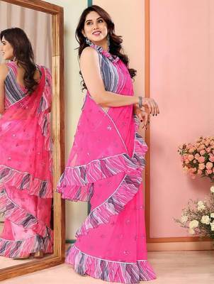 Pink embellished mirror work net saree 4