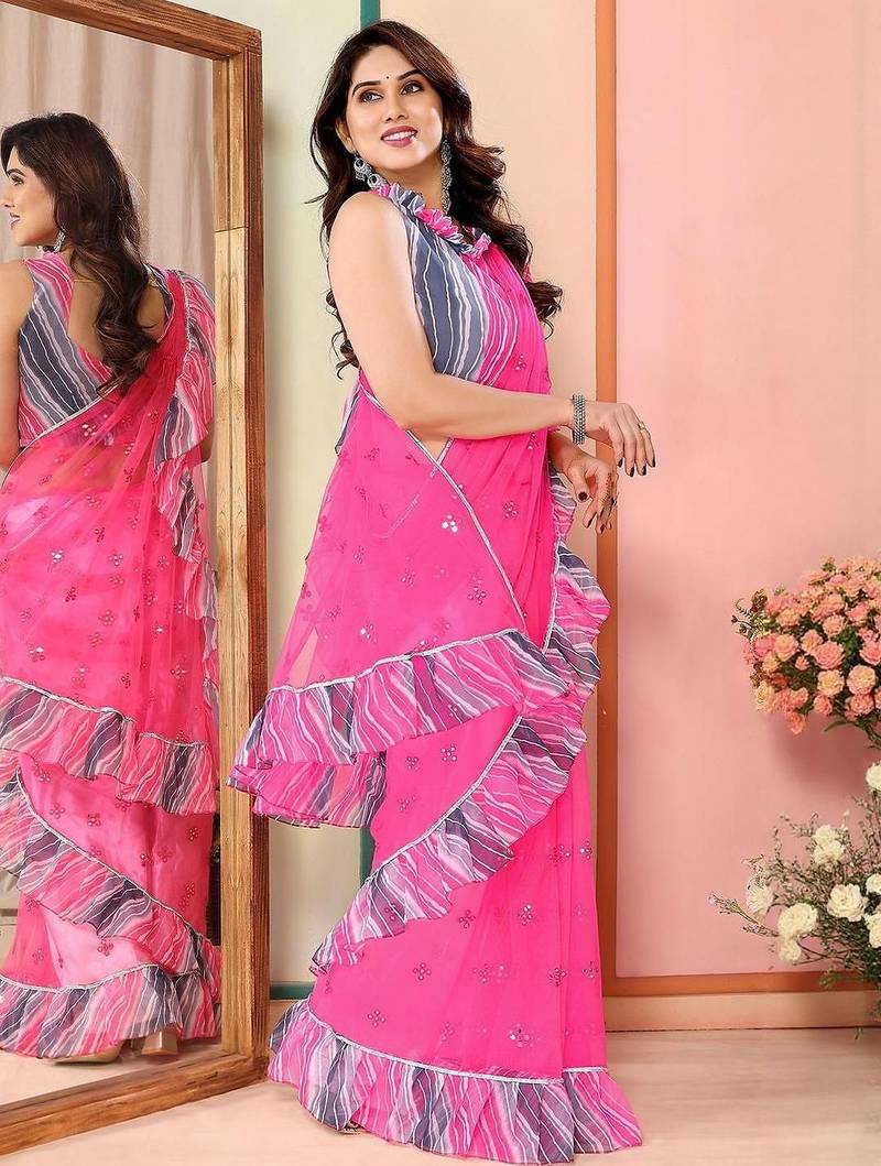 Pink embellished mirror work net saree