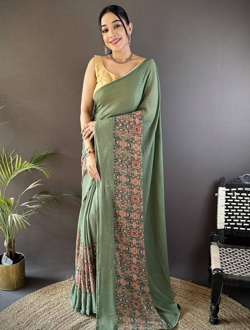 Green embellished sequinned poly georgette designer saree
