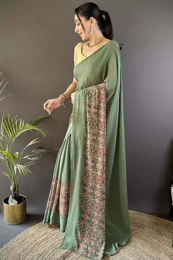 Green embellished sequinned poly georgette designer saree
