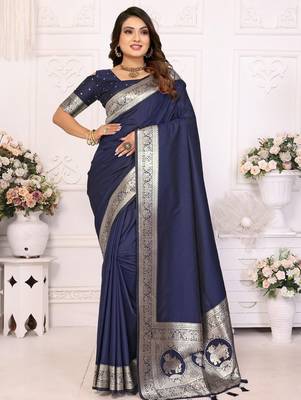 Navy blue woven design zari silk blend designer banarasi saree 1