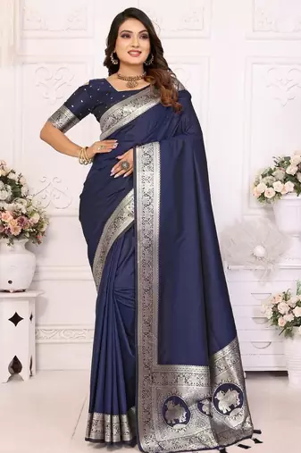 Navy blue woven design zari silk blend designer banarasi saree