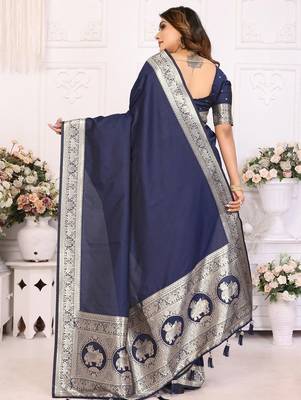 Navy blue woven design zari silk blend designer banarasi saree 2