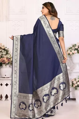 Navy blue woven design zari silk blend designer banarasi saree