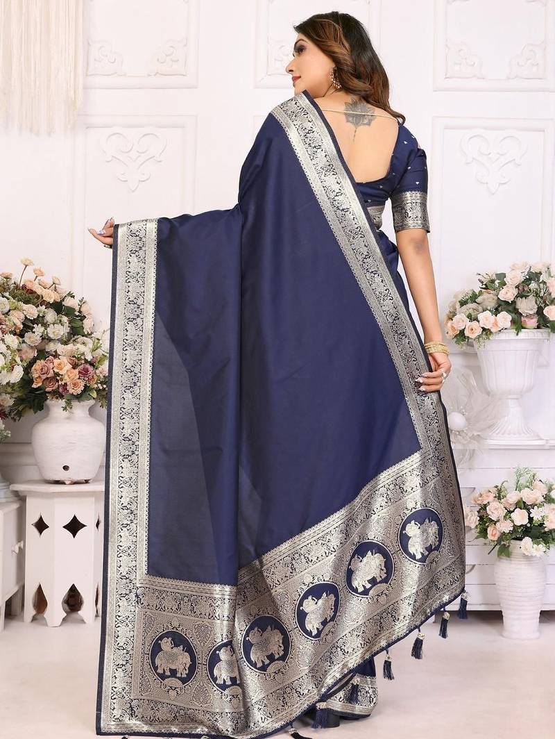 Navy blue woven design zari silk blend designer banarasi saree
