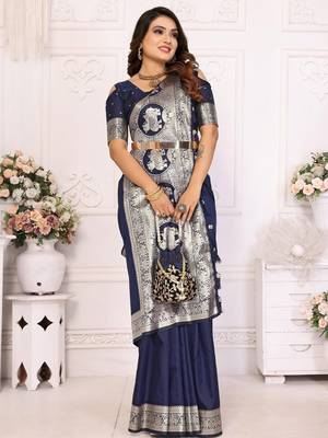 Navy blue woven design zari silk blend designer banarasi saree 3