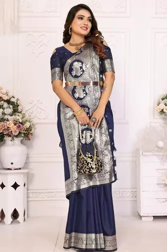 Navy blue woven design zari silk blend designer banarasi saree