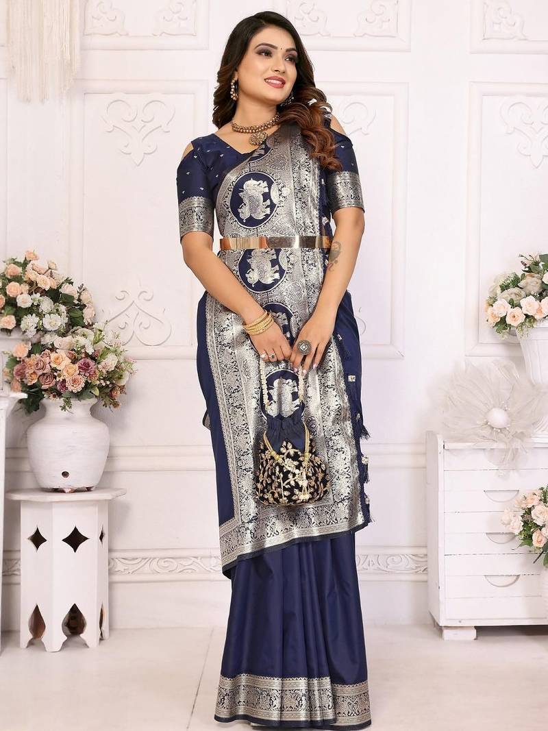 Navy blue woven design zari silk blend designer banarasi saree