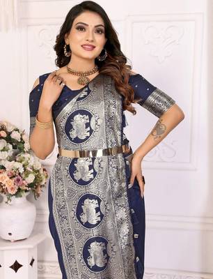 Navy blue woven design zari silk blend designer banarasi saree 4