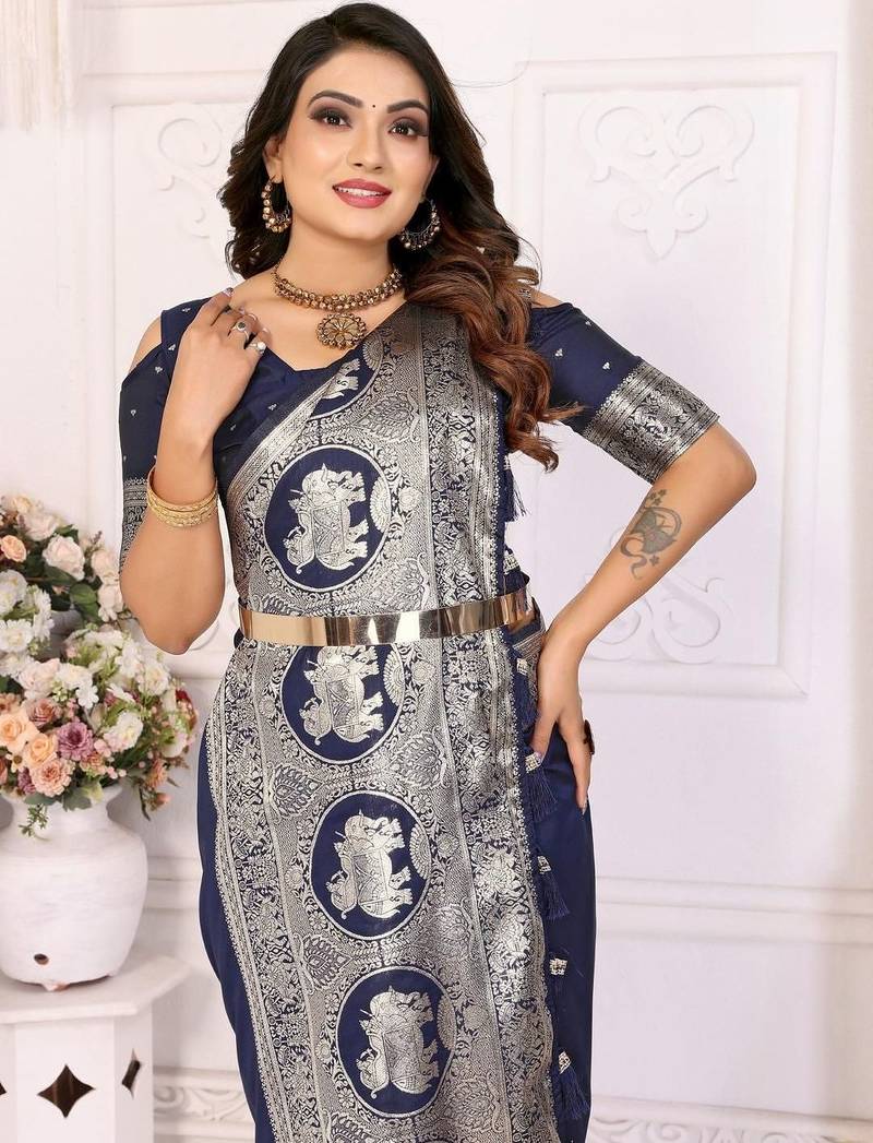 Navy blue woven design zari silk blend designer banarasi saree