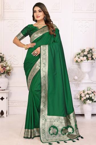 Green zari silk blend banarasi saree
