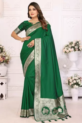 Green zari silk blend banarasi saree