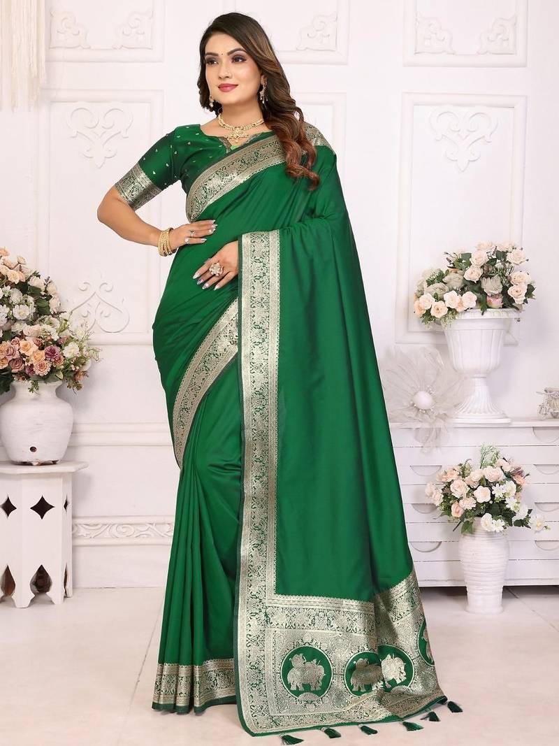 Green zari silk blend banarasi saree