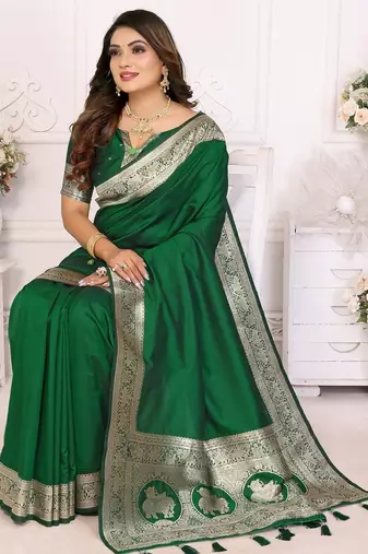 Green zari silk blend banarasi saree