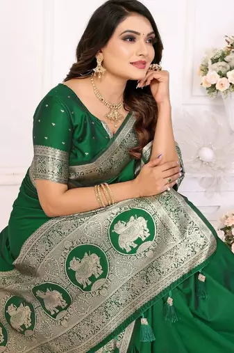 Green zari silk blend banarasi saree